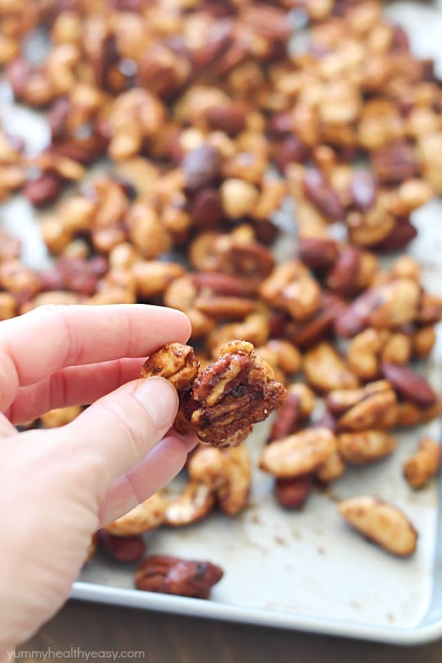 Healthy Spiced Nuts - perfect football-watching snack! Mixed nuts baked with spices to make the perfect salty/sweet treat.