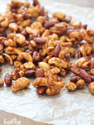 Healthy Spiced Nuts - perfect football-watching snack! Mixed nuts baked with spices to make the perfect salty/sweet treat.