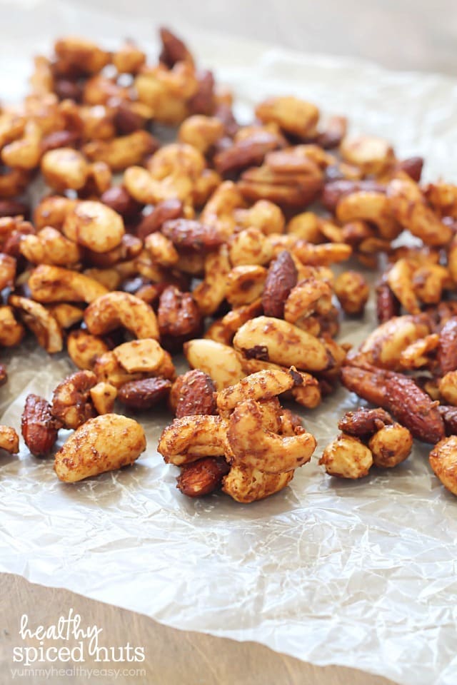 Healthy Spiced Nuts - perfect football-watching snack! Mixed nuts baked with spices to make the perfect salty/sweet treat.
