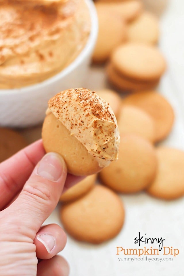 Amazingly easy, creamy and skinny pumpkin dip - you will not believe how yummy this is and only 117 calories per 1/4 cup serving!