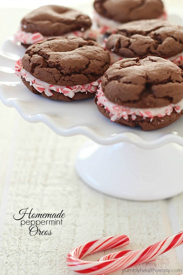 Homemade Peppermint Oreos - easy cake mix cookies with a yummy peppermint filling! They make a simple but unique holiday treat.