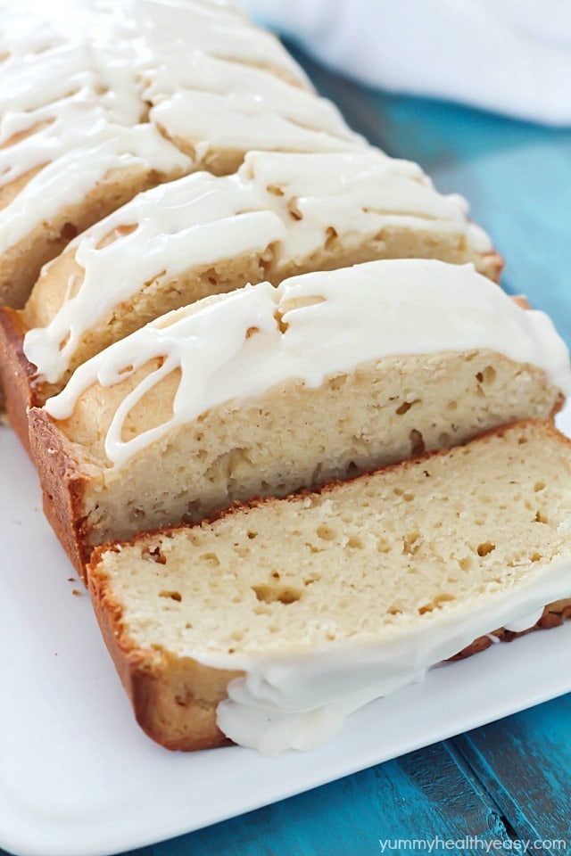 Light and moist eggnog bread drizzled with an eggnog glaze. So much flavor packed into one loaf! Soft, moist and delicious. This is a must-make!