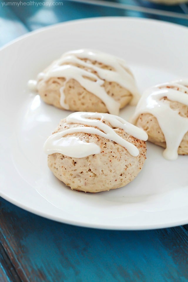 Soft (healthier) Eggnog Cookies drizzled with a light eggnog glaze over the top makes for a pretty darn near perfect dessert!