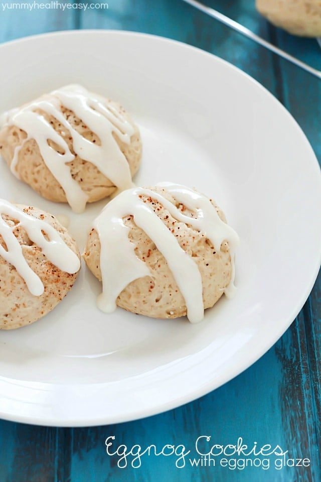 Soft (healthier) Eggnog Cookies drizzled with a light eggnog glaze over the top makes for a pretty darn near perfect dessert!