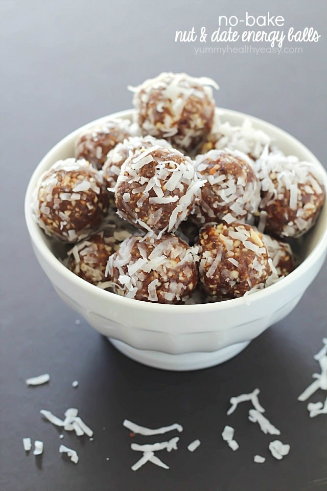 No-Bake Nut & Date Energy Balls are perfect for a quick pick-me-up snack to keep you going throughout the day! (no refined sugars added)