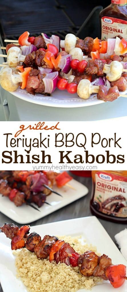 Delicious grilled shish kabobs with tender pork, mushrooms, red peppers, tomatoes and onions. The perfect game day or ANY day meal! #evergriller #ad