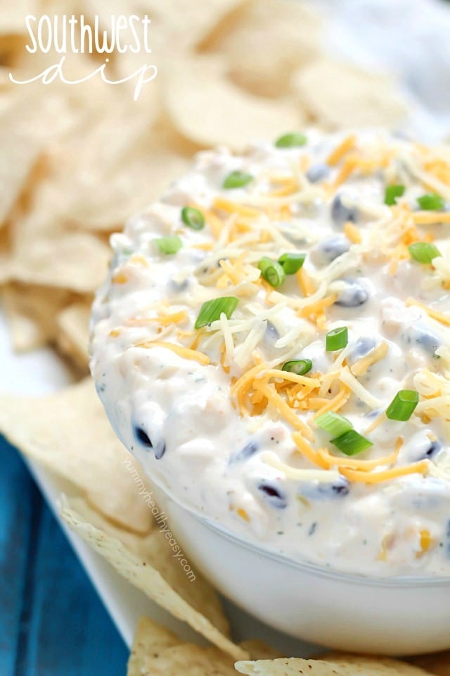 Quick Southwest Dip that's perfect for whipping up when entertaining guests or to devour when watching your favorite TV show. Creamy ranch & southwestern flavors, corn, black beans and cheese - so delicious! #cadairy