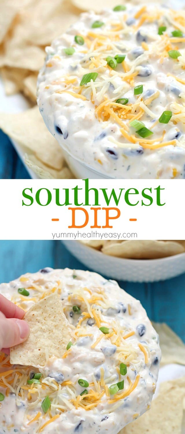 Quick Southwest Dip that's perfect for whipping up when entertaining guests or to devour when watching your favorite TV show. Creamy ranch & southwestern flavors, corn, black beans and cheese - so delicious! #cadairy