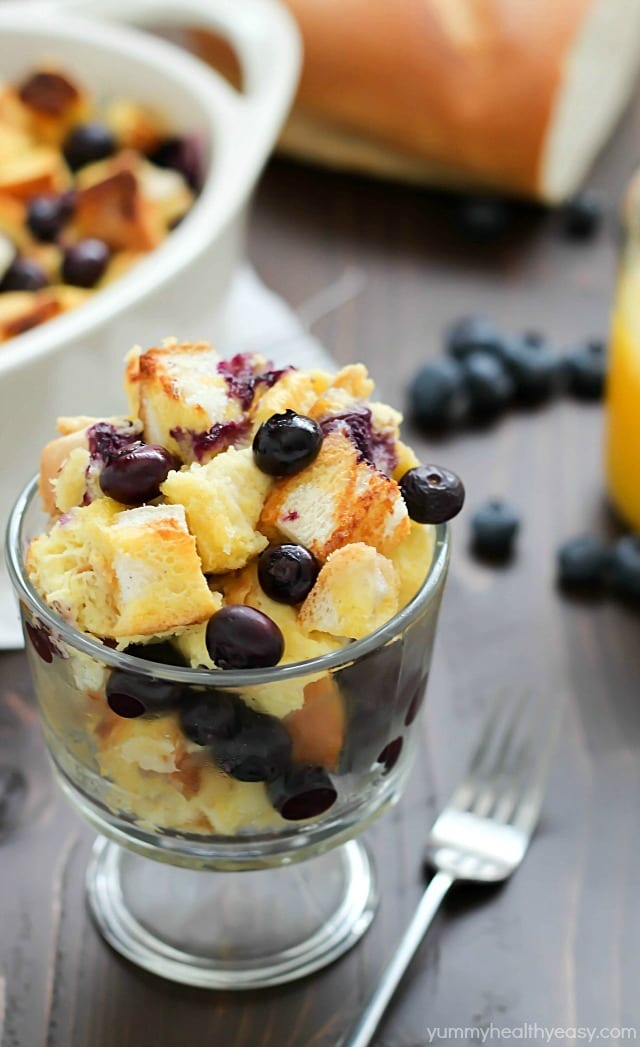 What's better than french toast? Blueberry French Toast Casserole! Delicious casserole with cubes of bread and blueberries baked in an egg and orange juice mixture. Perfect for Easter breakfast... or breakfast any day!