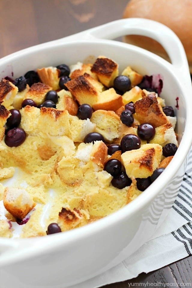 What's better than french toast? Blueberry French Toast Casserole! Delicious casserole with cubes of bread and blueberries baked in an egg and orange juice mixture. Perfect for Easter breakfast... or breakfast any day!