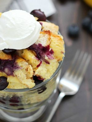 What's better than french toast? Blueberry French Toast Casserole! Delicious casserole with cubes of bread and blueberries baked in an egg and orange juice mixture. Perfect for Easter breakfast... or breakfast any day!