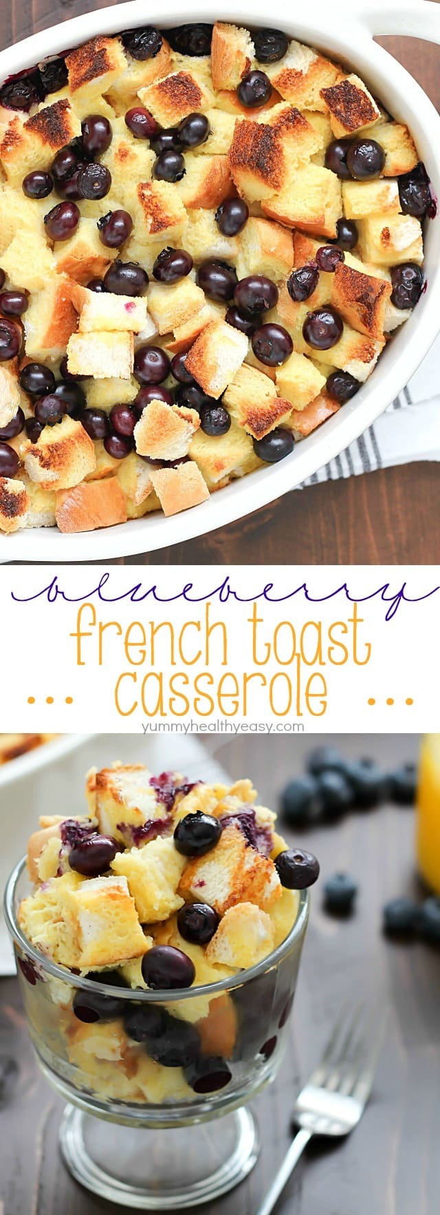 What's better than french toast? Blueberry French Toast Casserole! Delicious casserole with cubes of bread and blueberries baked in an egg and orange juice mixture. Perfect for Easter breakfast... or breakfast any day!