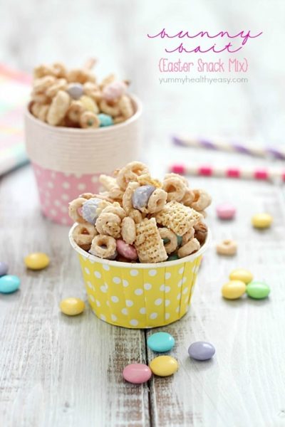 Super delicious and easy Bunny Bait aka Easter Snack Mix. Made with cereal, pretzels, peanuts, pastel M&M candies and white chocolate - perfect for Easter!