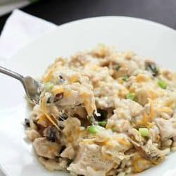 Easy Skinny Chicken and Rice Casserole using NO cream soups and made in about 30 minutes! Put this on your dinner menu - you will love this easy meal!