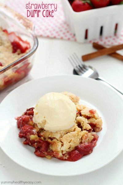 Strawberry Dump Cake has only a few ingredients and is easily layered aka "dumped" in a cake pan and baked. No stirring and no mixing bowl required!! Top with a scoop of ice cream, and you have yourself just about the best dessert ever invented. :)