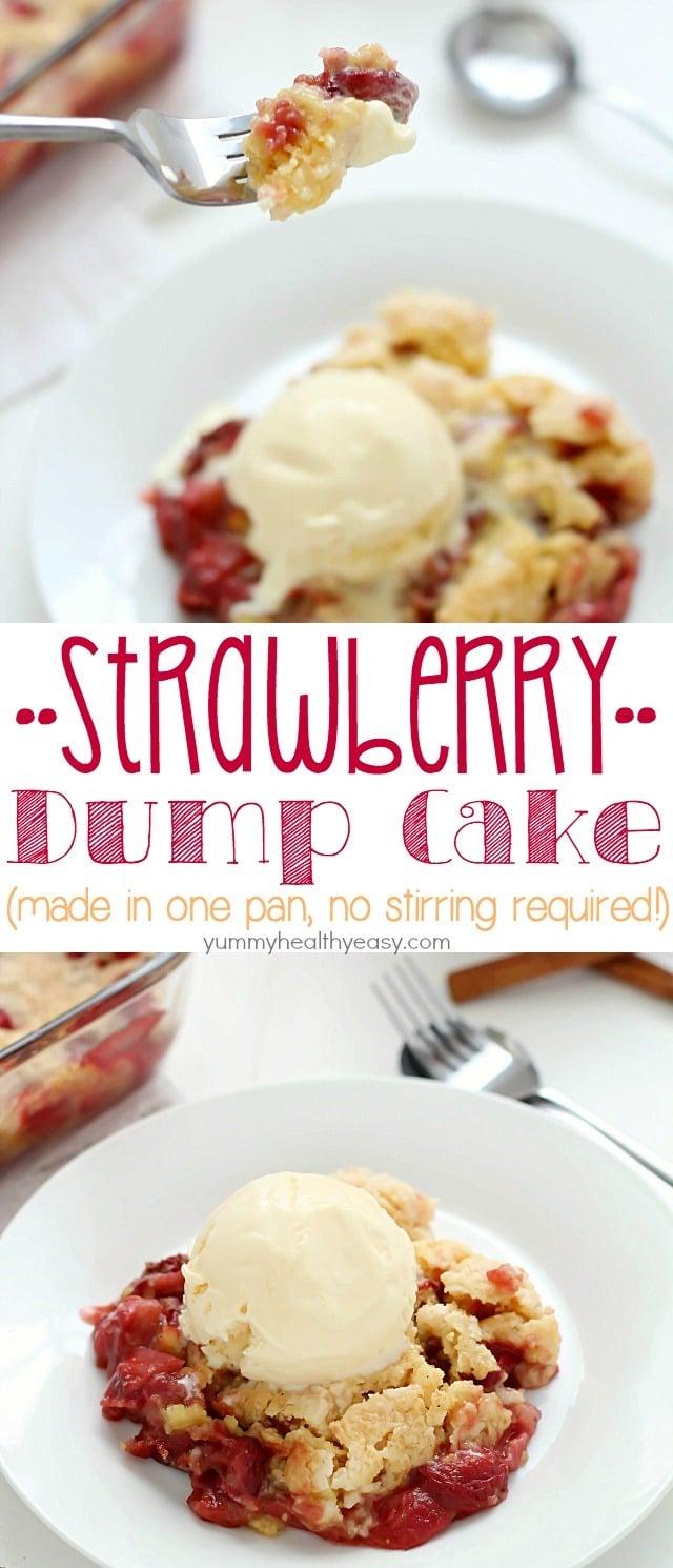 Strawberry Dump Cake has only a few ingredients and is easily layered aka "dumped" in a cake pan and baked. No stirring and no mixing bowl required!! Top with a scoop of ice cream, and you have yourself just about the best dessert ever invented. :)