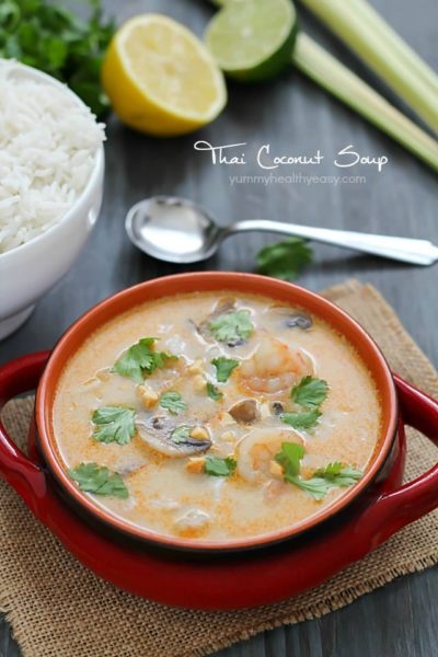 Make your favorite Thai take-out at home with this Thai Coconut Soup. A crazy delicious coconut broth with shrimp, mushrooms and rice - it's comfort food at its finest!