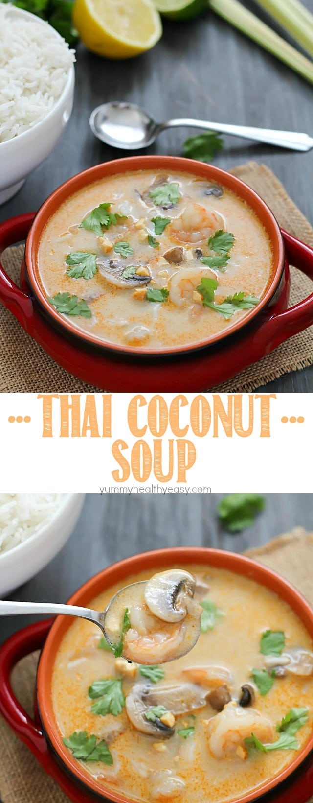 Make your favorite Thai take-out at home with this Thai Coconut Soup. A crazy delicious coconut broth with shrimp, mushrooms and rice - it's comfort food at its finest! {Mystery Basket Challenge}