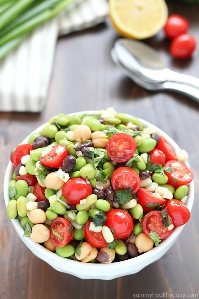 Welcome spring by making edamame salad! It's a healthy and delicious salad with a southwestern flair, full of beans, corn, tomatoes, cilantro and of course edamame, all tossed in a delicious light dressing.
