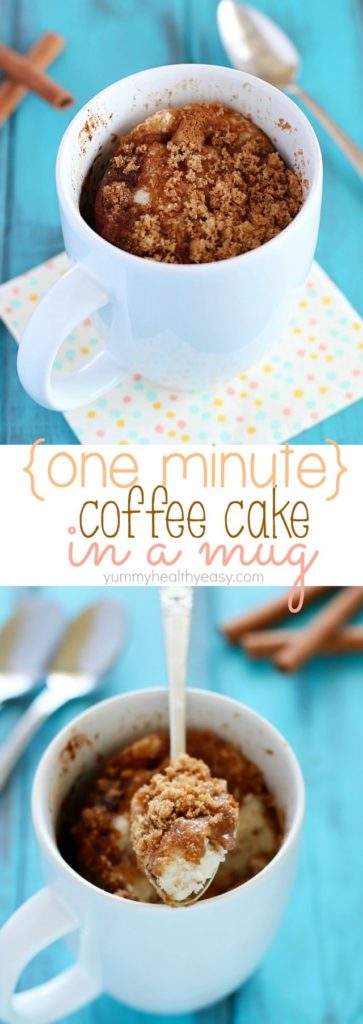 This Coffee Cake in a Mug is so easy to make and takes only a minute in the microwave. Quickest breakfast ever, and conveniently in a mug!
