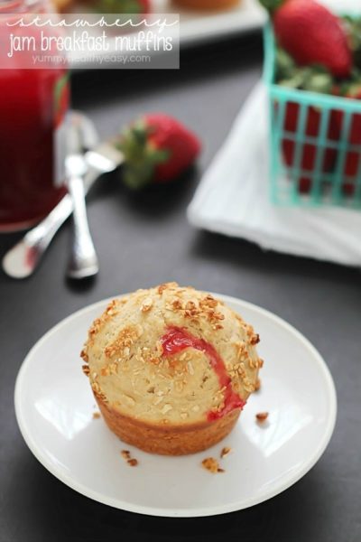 Simply delicious Strawberry Jam (filled) Breakfast Muffins. Make extras and freeze, then heat in the microwave for a few seconds for a quick breakfast!