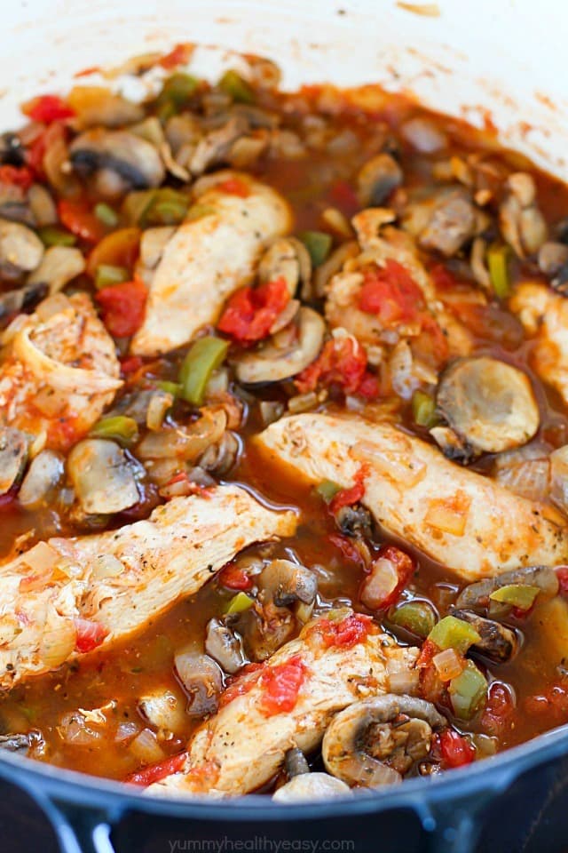 This Chicken Cacciatore Recipe is full of chicken and vegetables in a flavorful tomato sauce. It's an easy, comforting and healthy dinner the whole family will love!