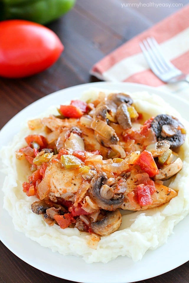 This Chicken Cacciatore Recipe is full of chicken and vegetables in a flavorful tomato sauce. It's an easy, comforting and healthy dinner the whole family will love!