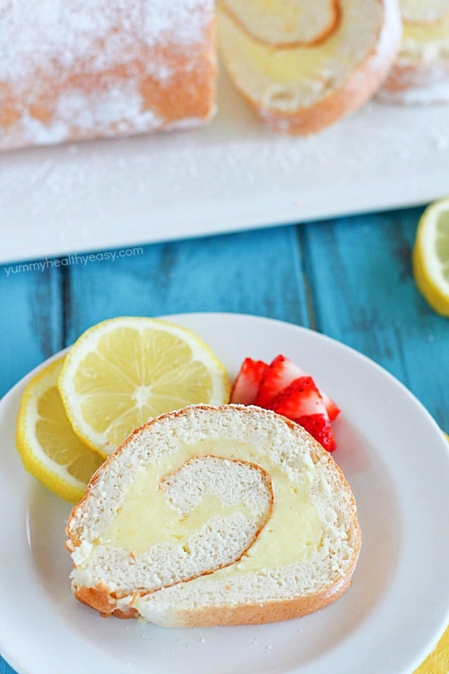 A light angel cake roll filled with a creamy lemon filling. It makes an impressive (lighter) dessert and uses NO butter or oil!