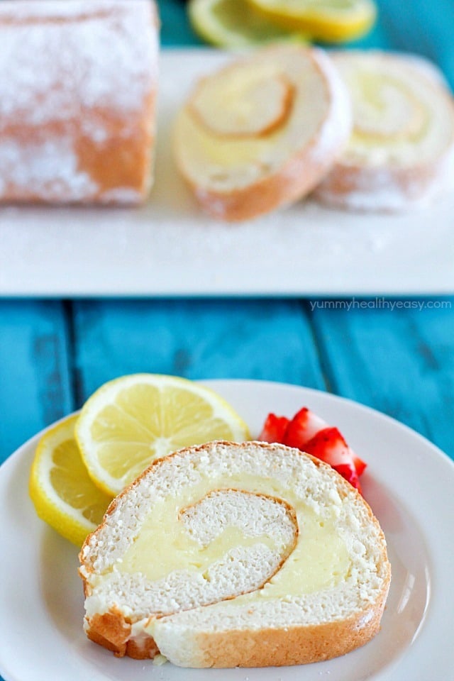 A light angel cake roll filled with a creamy lemon filling. It makes an impressive (lighter) dessert and uses NO butter or oil!