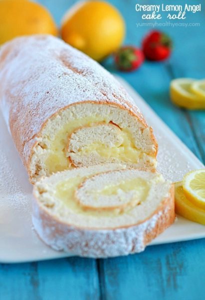 A light angel cake roll filled with a creamy lemon filling. It makes an impressive (lighter) dessert and uses NO butter or oil!