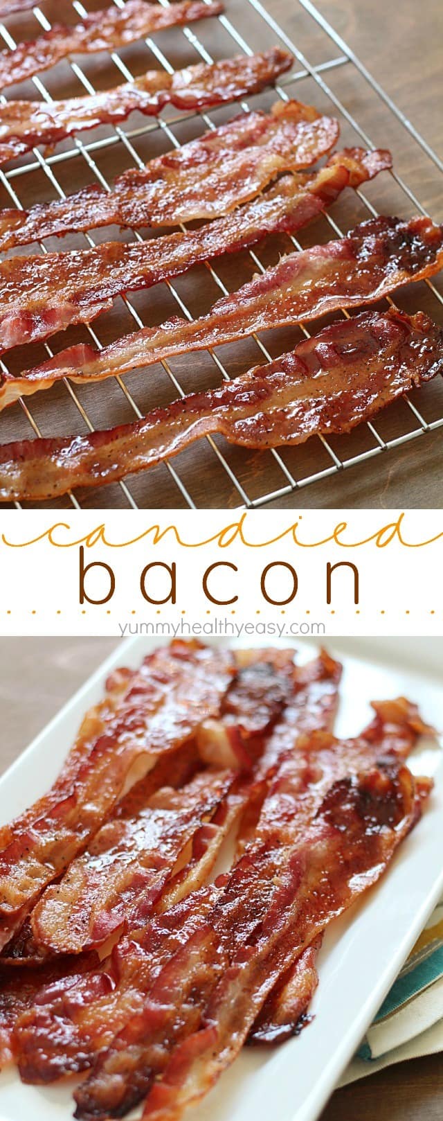 Brown Sugar Bacon aka Candied Bacon aka the Best Bacon EVER! This easy bacon is baked in the oven with a topping of brown sugar and pepper, and comes out sticky, sweet & savory. Absolutely drool-worthy! via @jennikolaus