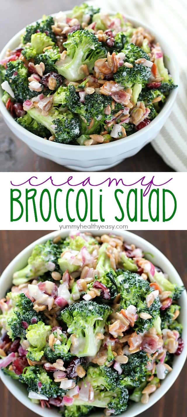 Need an easy side dish? Make this Creamy Broccoli Salad! It's full of fresh broccoli, red onion, dried cranberries, sunflower seeds and bacon mixed in a creamy, delicious dressing. Always a hit!