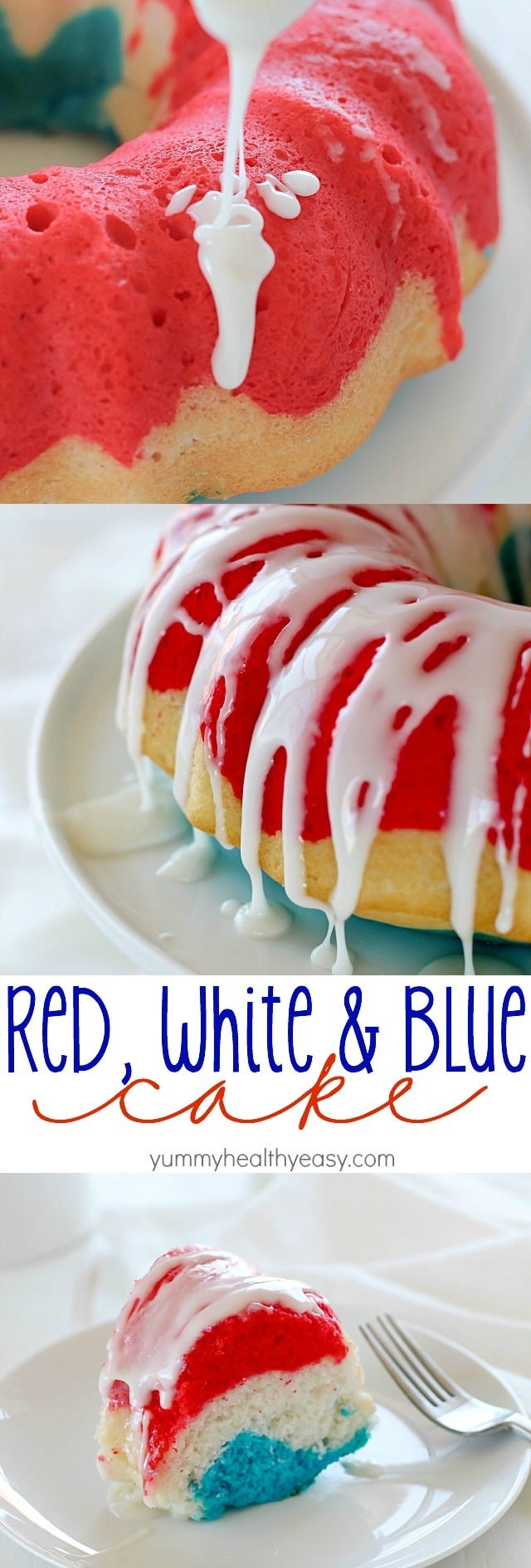 A fun, easy red white & blue cake that you can whip together for a last minute, delicious 4th of July dessert!