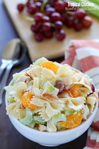 Your next BBQ cries out for this Tropical Chicken Bowtie Pasta Salad! It's easy, with few ingredients and has both sweet and savory elements and textures, making it a great side dish.