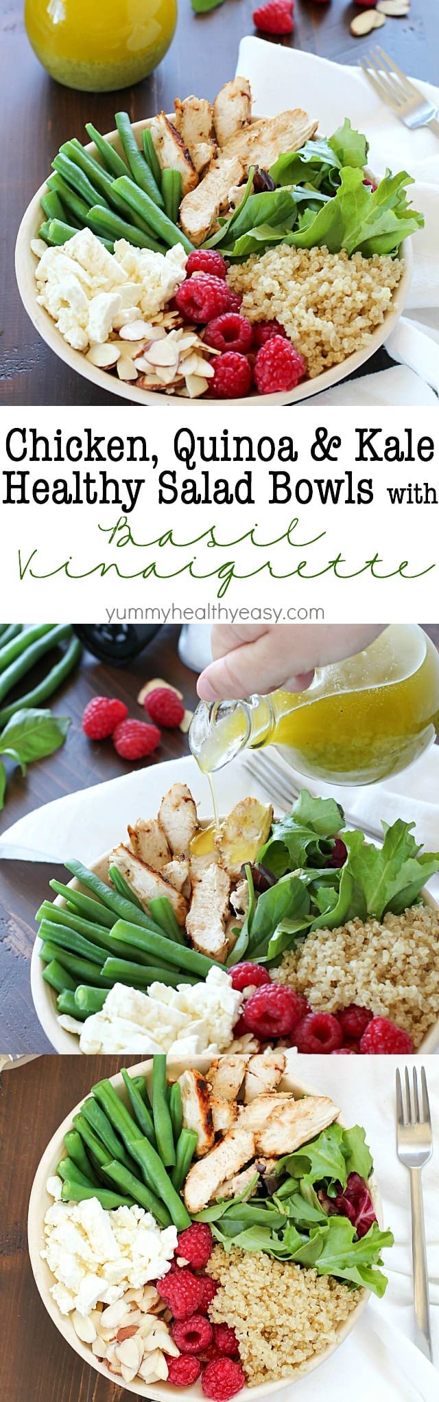 Check out this yummy salad bowl recipe full of grilled chicken, cooked quinoa, kale, raspberries, sliced almonds, feta cheese, green beans and a homemade basil vinaigrette. Super healthy and absolutely delicious! #OrganicBound #Ad