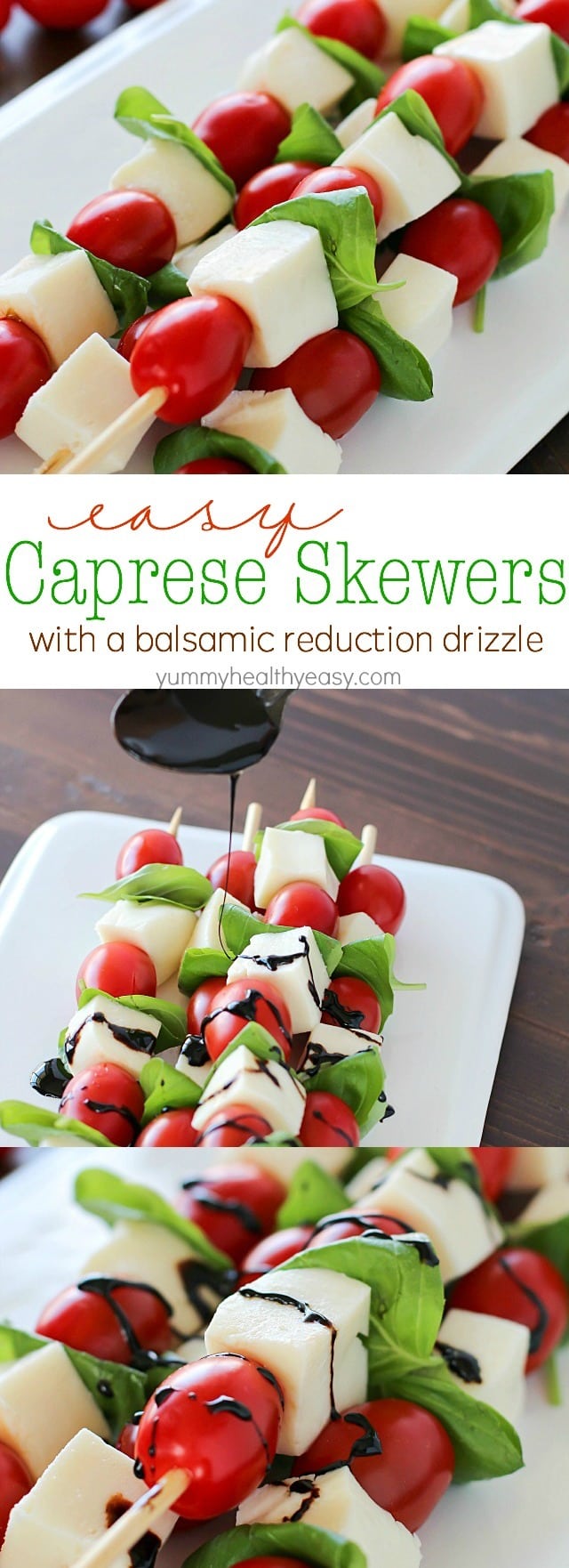 Summer afternoons call for these fun Caprese Skewers! Cherry tomatoes, fresh basil and cubes of mozzarella cheese threaded on skewers and drizzled with an easy balsamic reduction. Delicious!