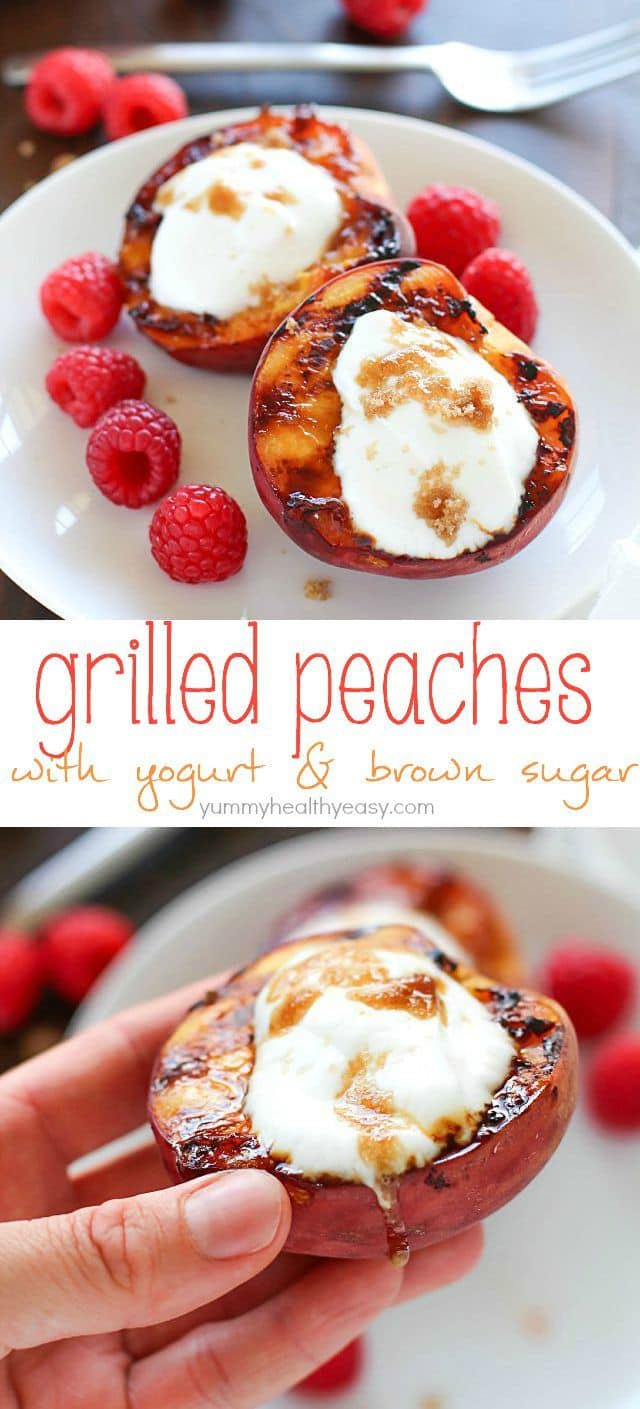 Don't put away that grill after dinner! Throw some peaches on and let them caramelize with brown sugar, then fill them with yogurt. This healthy & easy grilled peaches dessert will blow your mind! #truvia #ad