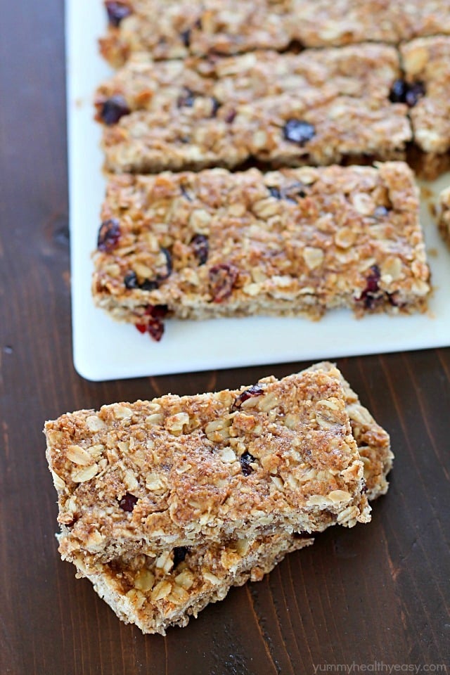 These Homemade Healthy Granola Bars are full of good stuff – oats, wheat germ, flax seed, dried cranberries, and applesauce to name a few! They’re quick to make and are a great healthy snack to eat throughout the week. A family favorite!