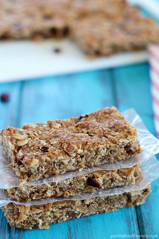 These Homemade Healthy Granola Bars are full of good stuff – oats, wheat germ, flax seed, dried cranberries, and applesauce to name a few! They’re quick to make and are a great healthy snack to eat throughout the week. A family favorite!