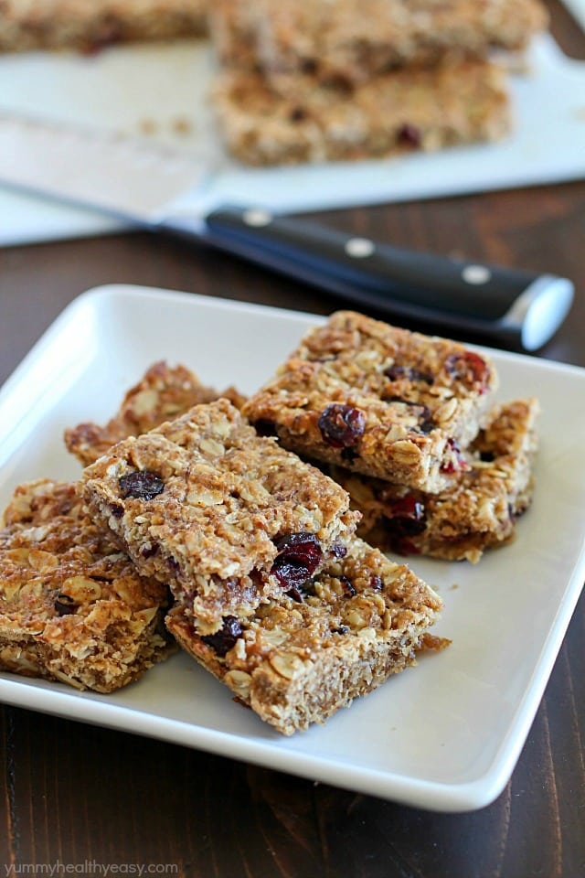 These Homemade Healthy Granola Bars are full of good stuff – oats, wheat germ, flax seed, dried cranberries, and applesauce to name a few! They’re quick to make and are a great healthy snack to eat throughout the week. A family favorite!