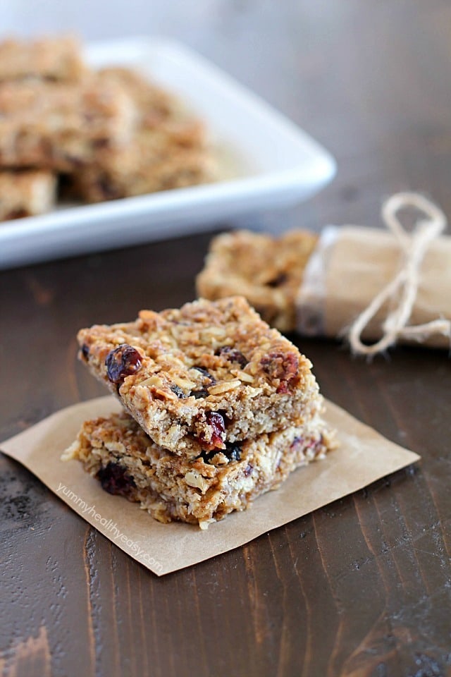 These Homemade Healthy Granola Bars are full of good stuff – oats, wheat germ, flax seed, dried cranberries, and applesauce to name a few! They’re quick to make and are a great healthy snack to eat throughout the week. A family favorite!