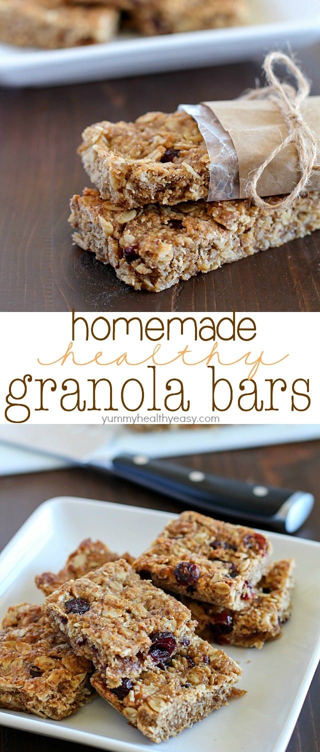 These Homemade Healthy Granola Bars are full of good stuff – oats, wheat germ, flax seed, dried cranberries, and applesauce to name a few! They’re quick to make and are a great healthy snack to eat throughout the week. A family favorite!