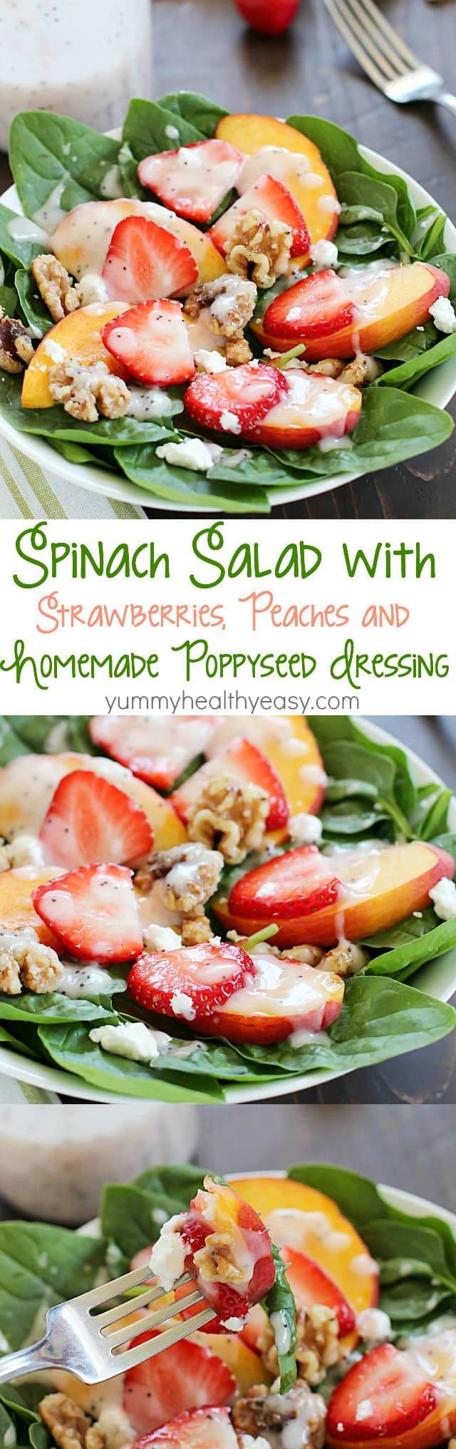 Spinach Salad with strawberries, peaches, candied walnuts, goat cheese and a crazy good (and crazy easy) homemade poppyseed dressing! PLUS a Blendtec Giveaway!