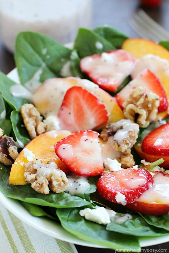 Spinach Salad with strawberries, peaches, candied walnuts, goat cheese and a crazy good (and crazy easy) homemade poppyseed dressing! PLUS a Blendtec Giveaway!