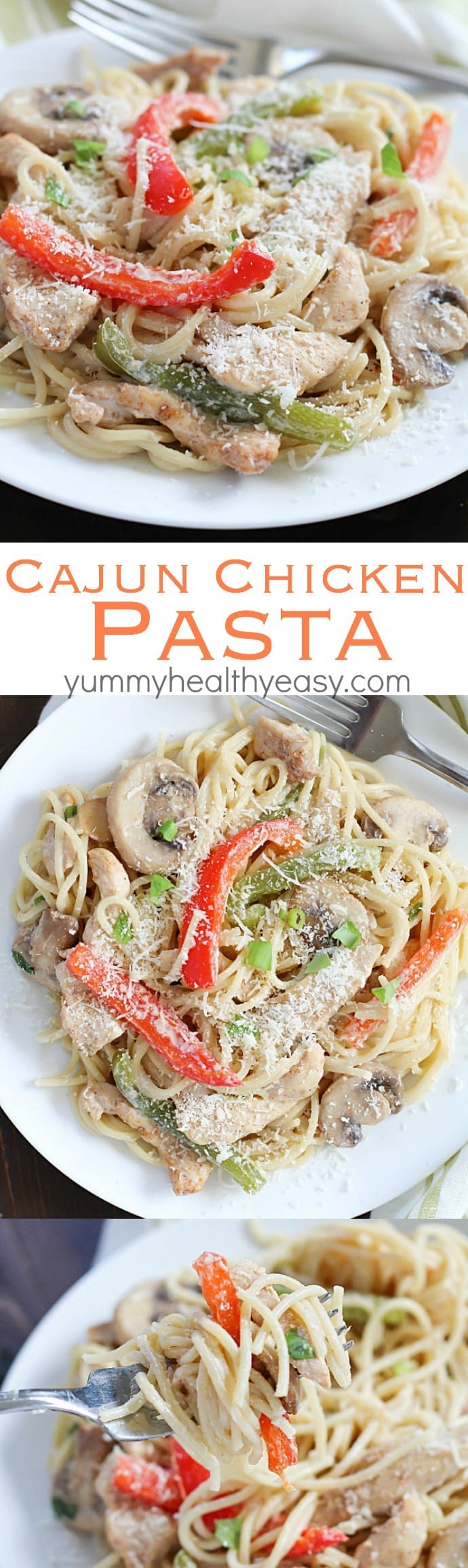 Cajun Chicken Pasta with mushrooms, bell peppers and chicken in a creamy sauce over pasta noodles. Flavorful, creamy and totally comforting. Perfect fall dinner! #FosterFarmsFresh AD