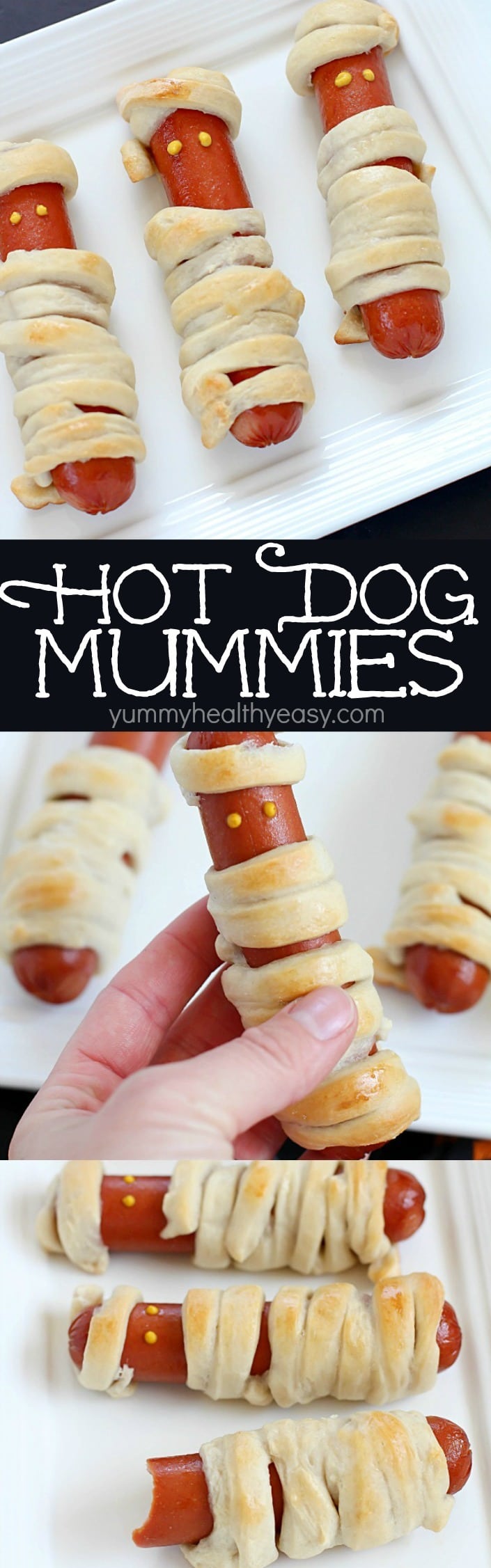 Looking for a fun, kid-friendly dinner for Halloween? Make these Hot Dog Mummies aka Mummy Dogs! A super cute and really easy recipe with only two main ingredients!