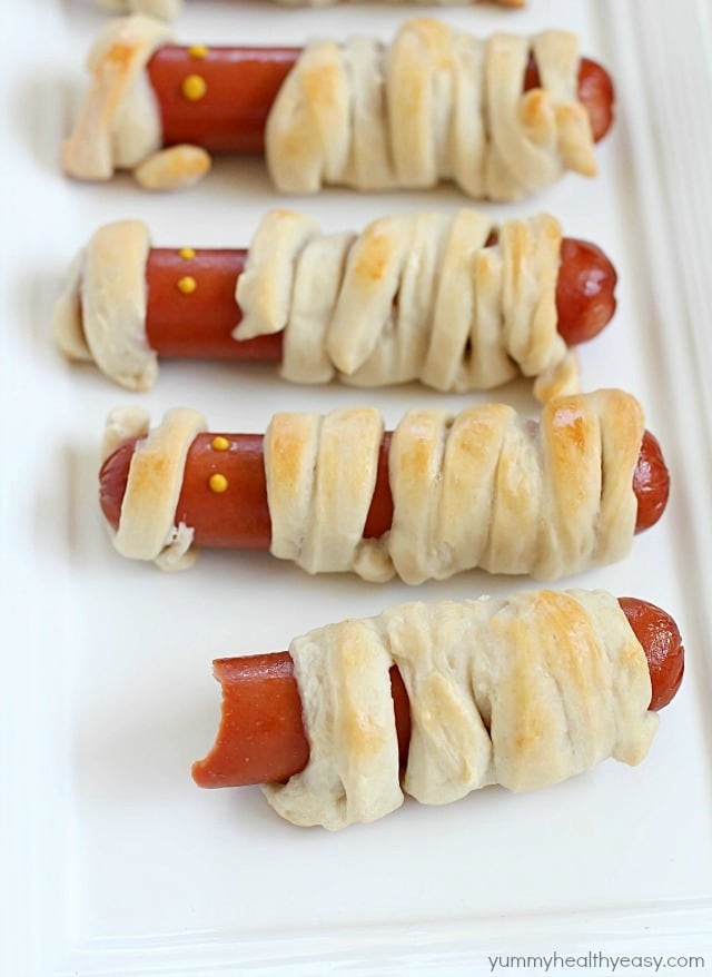 Looking for a fun, kid-friendly dinner for Halloween? Make these Hot Dog Mummies aka Mummy Dogs! A super cute and really easy recipe with only two main ingredients!