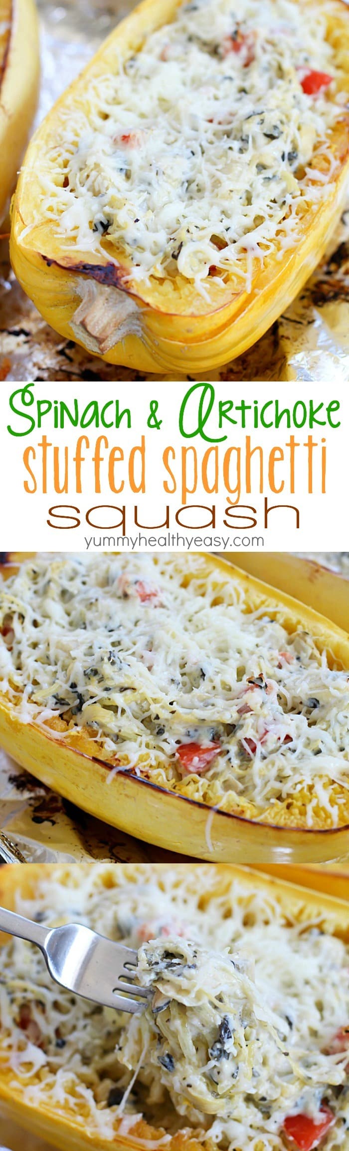 This recipe for Spinach & Artichoke Stuffed Spaghetti Squash is super easy and is a fabulous, flavorful, healthy meatless main or side dish. A healthy dish you can feel good about eating! #ad