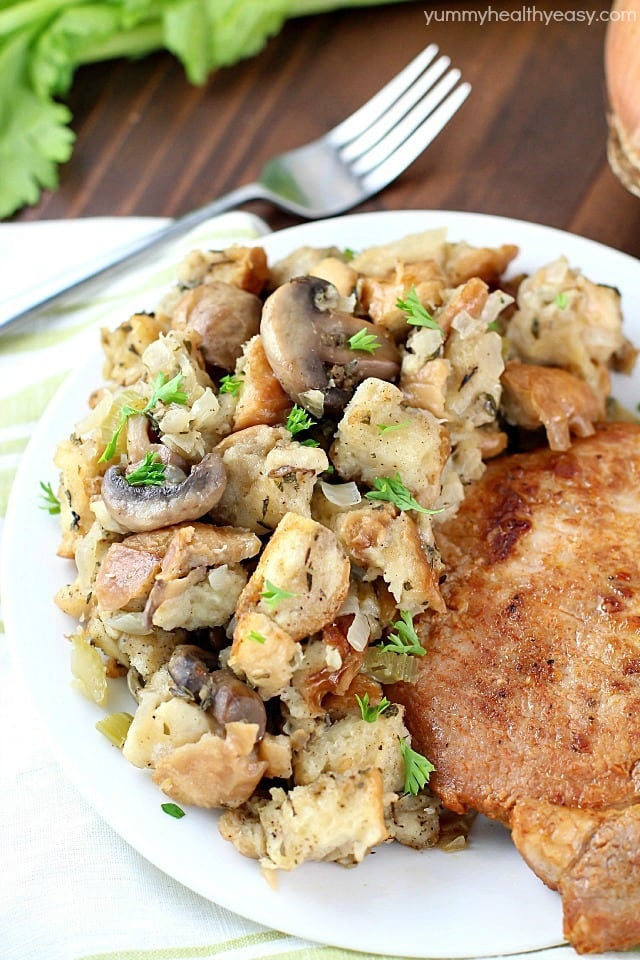 So many great spices & flavors going on in this Crock Pot Stuffing Recipe! It beats the pants off of those other blah stuffing recipes. Plus it's cooked in the slow cooker, so you can put it in hours before dinnertime and not even think about it until you eat! Perfect for Thanksgiving or any other day of the year!