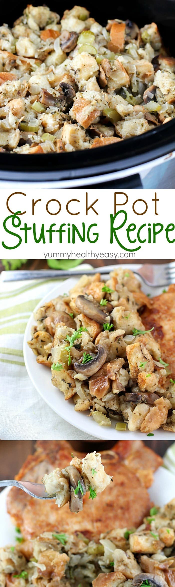 So many great spices & flavors going on in this Crock Pot Stuffing Recipe! It beats the pants off of those other blah stuffing recipes. Plus it's cooked in the slow cooker, so you can put it in hours before dinnertime and not even think about it until you eat! Perfect for Thanksgiving or any other day of the year!